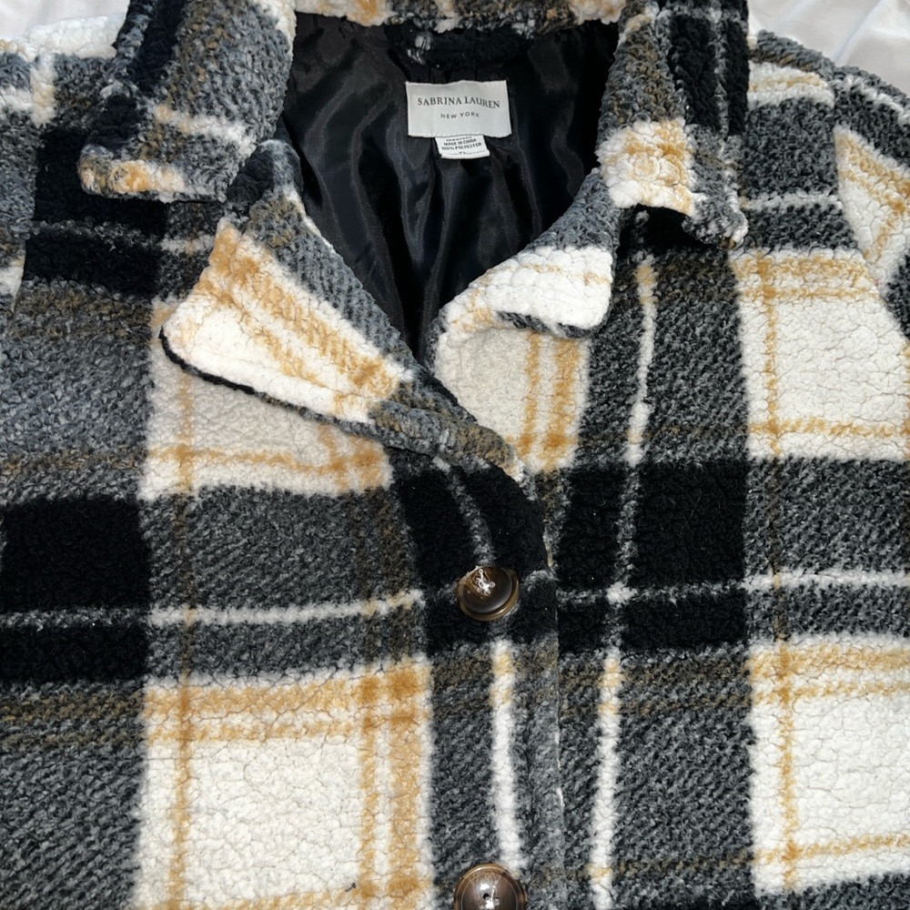 Sabrina Laren Women's Plaid Teddy Jacket - Black, Gray, Cream/mustard yellow